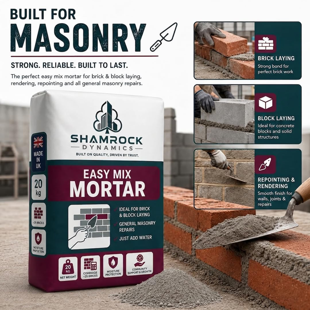 Shamrock Dynamics Easy Mix Mortar – Pre-Blended Mortar for Bricklaying, Pointing & Repairs