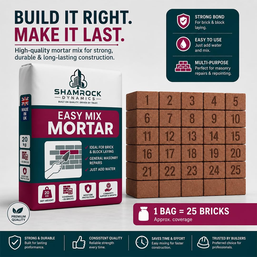 Shamrock Dynamics Easy Mix Mortar – Pre-Blended Mortar for Bricklaying, Pointing & Repairs
