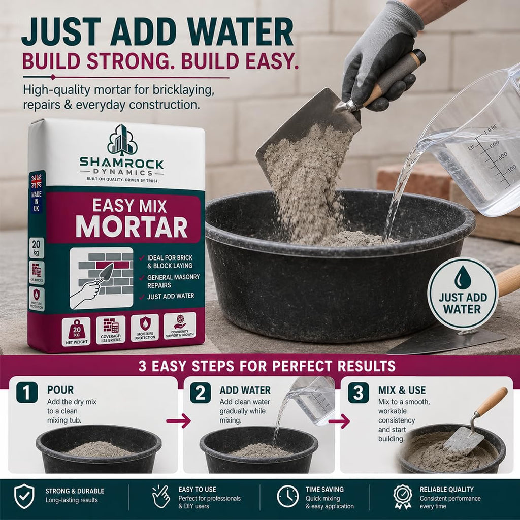 Shamrock Dynamics Easy Mix Mortar – Pre-Blended Mortar for Bricklaying, Pointing & Repairs