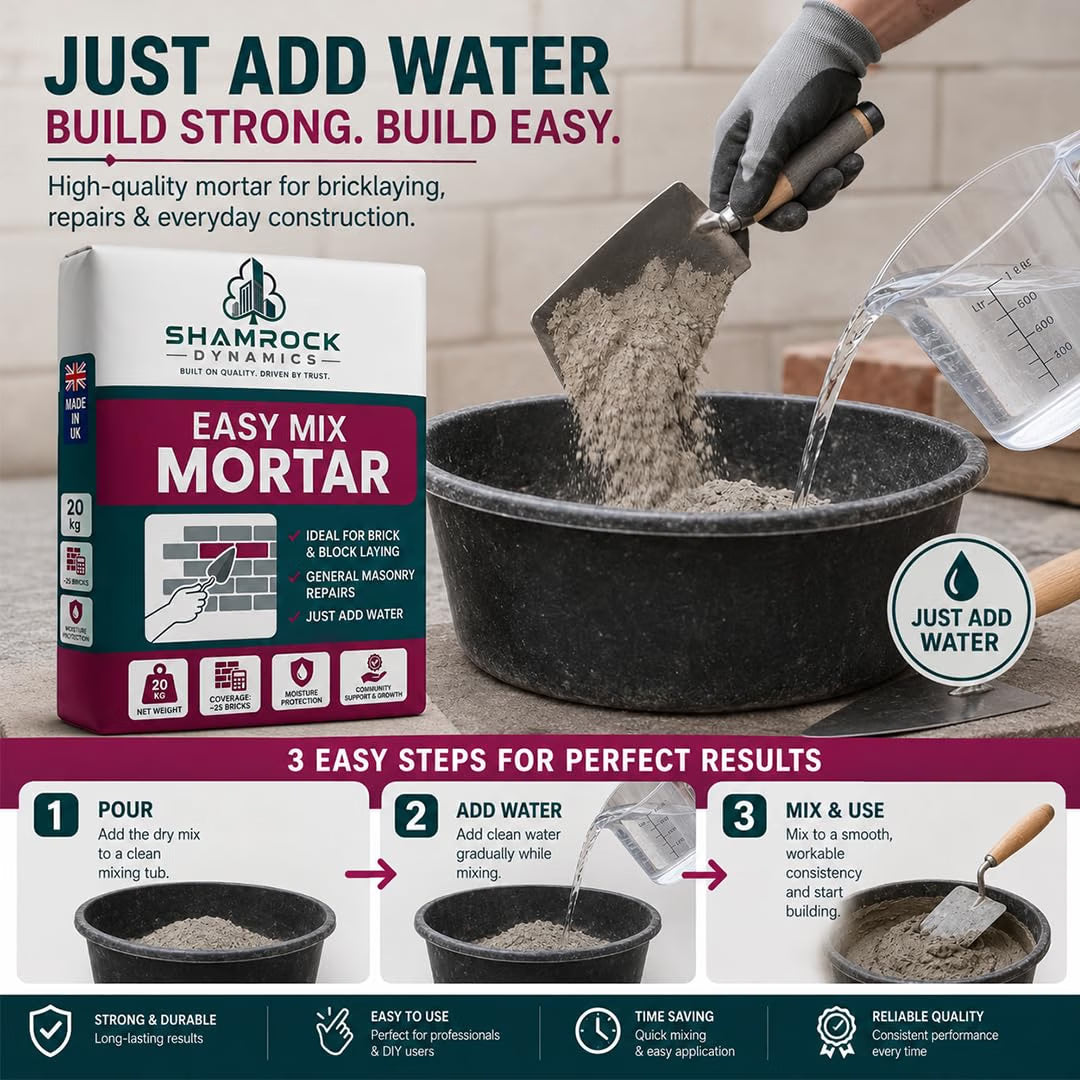 Shamrock Dynamics Easy Mix Mortar – Pre-Blended Mortar for Bricklaying, Pointing & Repairs