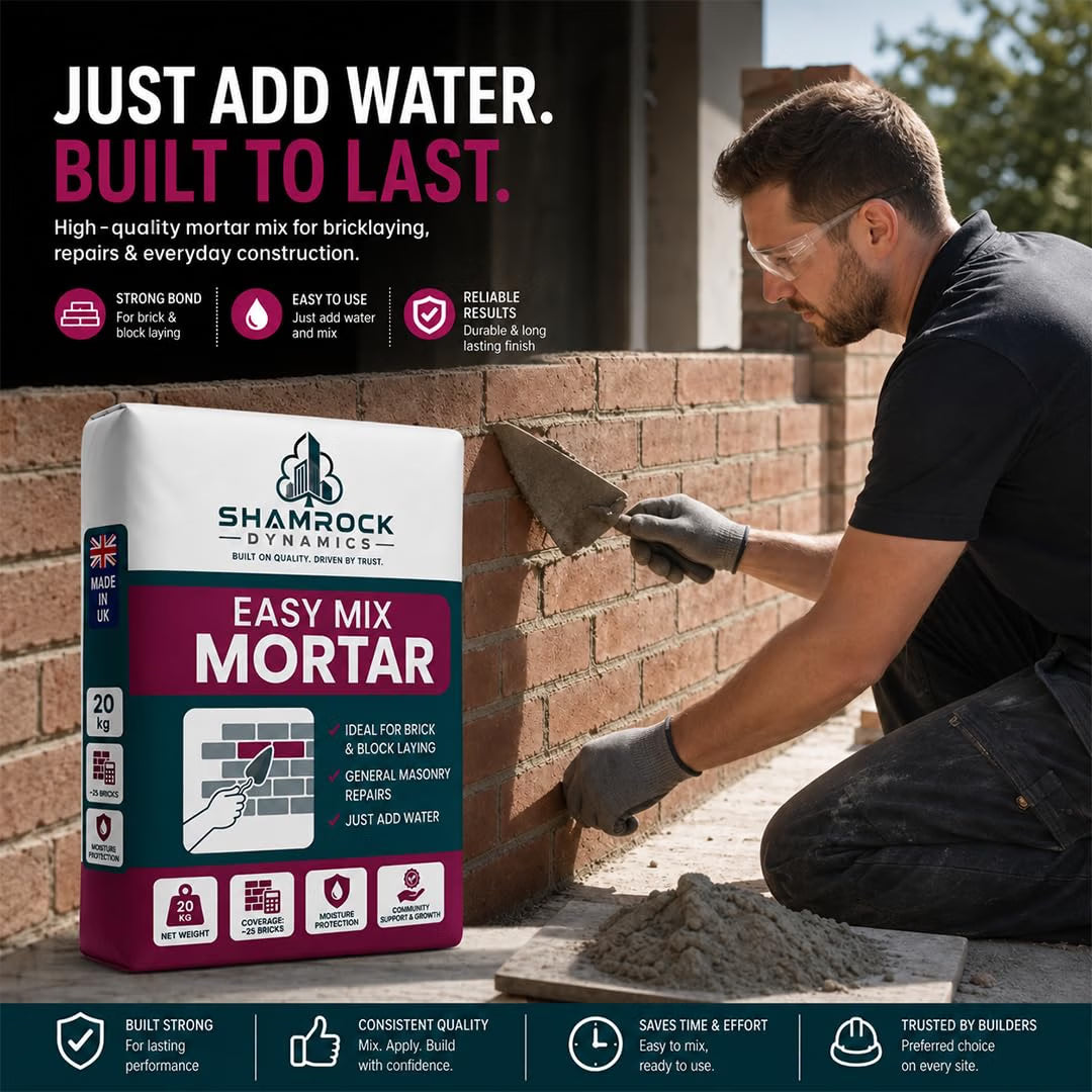 Shamrock Dynamics Easy Mix Mortar – Pre-Blended Mortar for Bricklaying, Pointing & Repairs